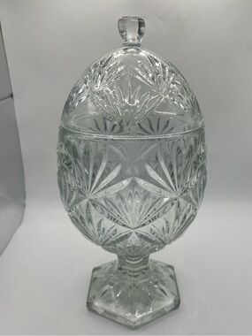 Cut Glass Lidded egg shaped Compote Candy Dish - Clear Crystal Pattern